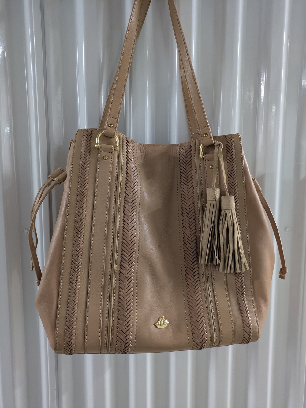 Brahmin Woven Tassel Tote Bag - Nude Beige